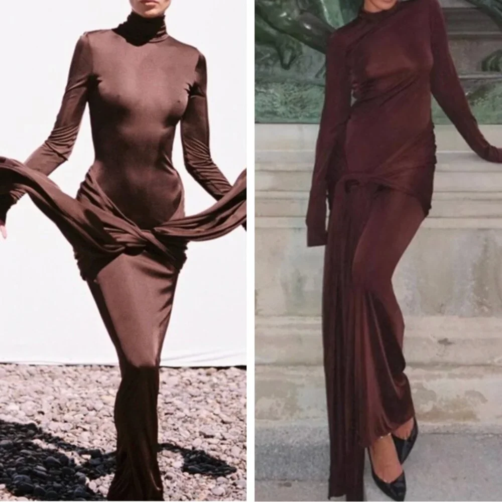 BEST Helsa Slinky Jersey Sarong Maxi Dress Gown Chocolate Brown Cocktail Medium